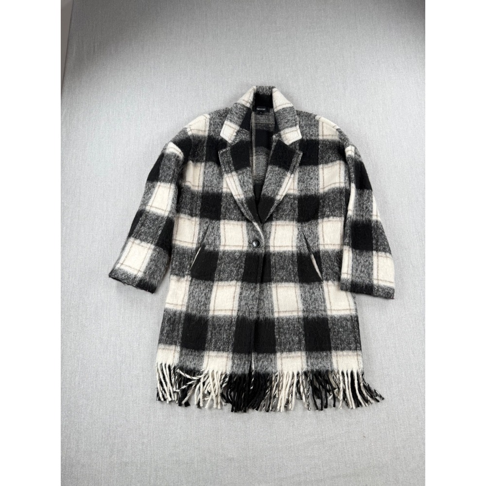 Karen Kane Womens XL Black White Plaid Fringe Hem Wool Blend Coat Shacket USA